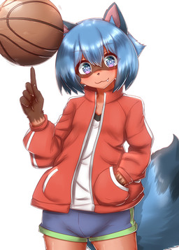 5_fingers basketball blue_body blue_eyes blue_fur blue_hair bottomwear brown_body brown_fur clothed clothing cute_fangs fangs female fingers fluffy fluffy_tail fully_clothed fur hair hand_in_pocket jacket kemono looking_at_viewer pockets short_hair shorts smile solo tail teeth topwear translucent translucent_hair horokusa0519 brand_new_animal studio_trigger michiru_kagemori canid canine mammal raccoon_dog tanuki hi_res portrait three-quarter_portrait