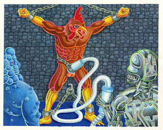 anthro balls bdsm bondage bound chain chained genitals machine male penile penis_milking penis_milking_machine matt_furie sperminator avian bird chicken galliform phasianid robot