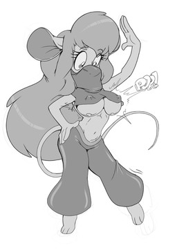 anthro belly_dancer big_breasts breasts cleavage clothed clothing dancing female fur hair harem harem_outfit jewelry navel nipples simple_background smile solo standing under_boob wide_hipped_female wide_hips kandlin chip_'n_dale_rescue_rangers disney gadget_hackwrench mammal mouse murid murine rodent hi_res monochrome
