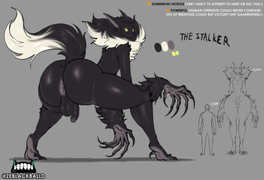 anthro anus arm_tuft balls big_butt black_body black_fur butt claws color_swatch curvy_figure flaccid fluffy fluffy_tail fur genitals green_eyes grey_anus looking_at_viewer looking_back looking_back_at_viewer male neck_tuft penis presenting presenting_anus presenting_hindquarters pubes size_difference small_penis solo tail tall text toe_claws tuft wide_hips wrist_tuft ze_blackball.d the_stalker_(ze_blackball.d) human mammal monster absurd_res english_text hi_res
