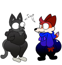 anthro big_butt biped black_bottomwear black_clothing black_eyes black_hoodie black_leggings black_legwear black_nose black_pants black_topwear blue_clothing blue_hoodie blue_topwear bottomwear brown_body brown_ears brown_fur brown_hair butt clothed clothing duo eye_contact fangs footwear fur grey_body grey_clothing grey_ears grey_footwear grey_fur grey_shoes grey_tail hair hand_in_pocket hoodie huge_butt leggings legwear looking_at_another male male_anthro multicolored_body multicolored_fur orange_body orange_fur orange_tail pants pockets sharp_teeth shoes simple_background smile standing tail tan_body tan_fur tan_tail teeth thick_thighs topwear two_tone_tail white_background lucaslora lucas_(lucaslora) soups_(superiorfox) canid canine canis domestic_cat felid feline felis fox mammal red_fox true_fox 2025 absurd_res digital_media_(artwork) hi_res