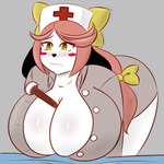 accessory anthro between_breasts big_breasts blush blush_lines blush_stickers bow_ribbon breasts brown_hair centered_hair_bow cleavage clothed clothing eyebrow_through_hair eyebrows female fur grey_background hair hair_accessory hair_bow hair_ribbon huge_breasts leaning leaning_forward long_hair nurse_clothing nurse_uniform ribbons simple_background solo thermometer_between_breasts translucent translucent_hair uniform white_body white_fur yellow_eyes yellow_hair_bow neo_hajime holly_applebee canid canine canis domestic_dog mammal 2018 absurd_res digital_drawing_(artwork) digital_media_(artwork) hi_res