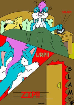 alarm_clock anthro areola bed blue_body blue_fur breasts clock duo female fur furniture green_eyes hair ill male pillow pink_nose purple_hair waking_up yellow_body yellow_fur kthanid_(artist) rutwell_forest beuford_bloodhound binky_bunny_(rutwell) bloodhound canid canine canis domestic_dog hunting_dog lagomorph leporid mammal rabbit scent_hound