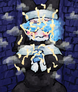 anthro balls big_breasts blush bodily_fluids breasts clothed clothing cum cum_on cum_on_chest cum_on_face cum_on_head cum_on_headwear cum_on_penis duo female fully_clothed genital_fluids genitals machine mostly_offscreen_character mostly_offscreen_male penis praying_hands scaliescum tasque_manager_(nun) darkner felid mammal robot hi_res