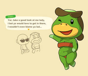 anthro bald beak biped bottle breasts brown_hair container dialogue eyelashes eyewear female green_body group hair holding_bottle holding_container holding_object looking_at_another male navel one_eye_closed open_mouth open_smile shell simple_background smile solo_focus sunglasses talking_to_another tan_background text trio wink yellow_beak impstripe animal_crossing asian_mythology east_asian_mythology japanese_mythology mythology nintendo kapp'n leilani_(animal_crossing) human kappa mammal yokai english_text hi_res