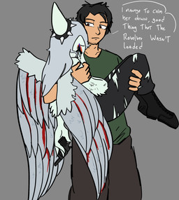 anthro black_bottomwear black_clothing black_hair black_pants blood bloody_wings blue_body bodily_fluids bone_frill bottomwear bridal_carry brown_eyes carrying_another clothed clothed_anthro clothed_female clothed_human clothed_male clothing crying dialogue distressed duo elbow_feathers eyes_closed feathered_wings feathers female fingers frill_(anatomy) front_view frown green_clothing green_shirt green_topwear grey_background grey_body grey_bottomwear grey_clothing grey_feathers grey_pants gun hair handgun holding_gun holding_object holding_ranged_weapon holding_weapon human_on_anthro humanoid_hands interspecies looking_at_another makeup male male/female pants pistol ranged_weapon running_makeup sad shirt short_hair simple_background speech_bubble standing stubble talking_to_another tears text topwear torn_bottomwear torn_clothing torn_pants weapon wings lugerhk cavemanon_studios goodbye_volcano_high ko_op_(game_developer) snoot_game fan_character fang_(gvh) human mammal prehistoric_species pterosaur reptile scalie colored english_text hi_res