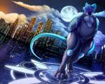 amazing_background anthro blue_body blue_fur blue_nose bodysuit buckteeth building city cityscape clothed clothing cloud detailed_background dutch_angle full_moon fur futuristic glowing long_tail magic magic_circle male moon neon_lights night red_eyes reflection skinsuit sky skyline skyscraper slightly_chubby smile solo standing star starry_sky tail teeth tight_clothing walking_on_water water yellow_sclera chibity baresenio ratsenio mammal murid murine rat rodent 2018 5:4 blue_theme detailed