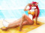 anthro beach big_breasts bikini blue_eyes bracelet breasts clothed clothing colored_nails eyeshadow eyewear feet female flower green_eyeshadow hair jewelry long_hair looking_at_viewer makeup nails on_towel outside plant red_hair seaside skimpy sky smile solo sunglasses swimwear tail toes towel two-piece_swimsuit vani-fox vani-fox_(character) canid canine fox mammal