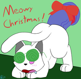 abdominal_bulge ambiguous_penetration bodily_fluids bow_ribbon dildo dildo_insertion dildo_on_wall drooling eyewear female feral fur glasses green_eyewear green_glasses holidays humanoid_dildo leaning leaning_forward looking_pleasured masturbation penetration pink_eyes saliva sex_toy sex_toy_insertion simple_background solo spiral_glasses wearing_glasses white_body white_fur plm40 christmas domestic_cat felid feline felis mammal hi_res