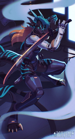 anthro black_body blue_stripes breasts claws clothing cybernetic_arm cybernetic_limb cyberpunk ear_piercing ear_ring facial_piercing female hair horn katana legwear leotard melee_weapon nose_piercing nose_ring piercing pose ring_piercing solo stripes sword tail thigh_highs weapon itswolven andi_(korozjin) aquatic fish shark absurd_res hi_res