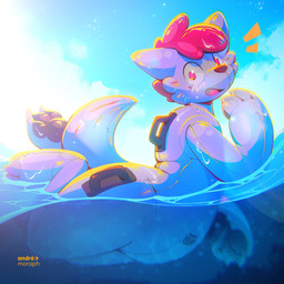 ambiguous_gender anthro belly brown_hair cloud floating glistening hair handles_on_back handles_on_hips inflatable latex light light_beam looking_at_viewer pawpads pool_toy red_eyes sea solo sunbeam sunlight water andre_moraph andre_moraph_(character) animate_inanimate canid canine canis living_inflatable mammal wolf 1:1 2026 colored digital_drawing_(artwork) digital_media_(artwork) hi_res shaded shaded_line_art signature