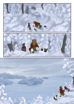 ambiguous_gender anthro biped brown_body brown_fur brown_tail clothed clothing day female fur group larger_anthro larger_female outside scar size_difference sky smaller_ambiguous smaller_anthro snow snowing tail white_body white_fur white_tail bjekkergauken herja_(bjekkergauken) hillevi shirin_(bjekkergauken) unni_(bjekkergauken) arctic_fox bear brown_bear canid canine fox gulonine mammal marten mustelid musteline pine_marten suid suine sus_(pig) true_fox ursine wild_boar 2025 colored comic hi_res