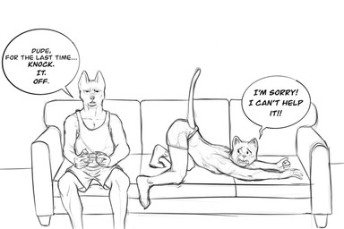 anthro ass_up bottomwear clothed clothing duo furniture in_heat male male/male shirt shirtless shorts sofa tank_top text topwear underwear conkycorp canid canine felid feline mammal 3:2 english_text hi_res monochrome