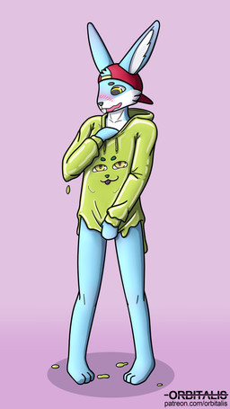 ambiguous_gender anthro big_ears black_nose blep blue_body blue_fur blush bottomless clothed clothing clothing_pull covering covering_crotch dripping duo embarrassed eyebrows fur glistening glistening_clothing goo_drip green_body green_goo green_nose hat headgear headwear hoodie looking_at_another male messy open_mouth overbite pink_background purple_tongue simple_background slime standing teeth text tongue tongue_out topwear yellow_eyes orbitalis goo_creature lagomorph leporid mammal rabbit 4k 9:16 absurd_res hi_res url