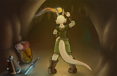 backpack cave clothing female holding_object holding_torch melee_weapon pickaxe solo sword torch weapon kadeki kobold scalie digital_media_(artwork) hi_res
