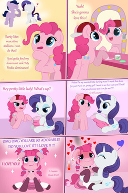 alternative_fashion blush blushing_profusely clothing collar dress duo ear_piercing ear_tag female female/female feminization feral hug kiss_on_cheek kissing male male/female masculinization piercing text tomboy fskindness friendship_is_magic hasbro my_little_pony pinkie_pie_(mlp) rarity_(mlp) 2:3 absurd_res english_text hi_res