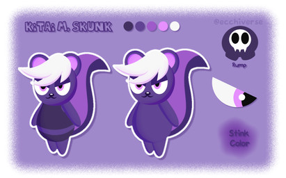 anthro athletic_wear bottomwear bra chibi clothing female fluffy fluffy_tail fur gym_bottomwear gym_shorts hair pink_ears pink_eyes pink_tail purple_background purple_body purple_fur shorts simple_background skull_symbol skunk_tail smug solo spiky_hair sports_bra tail underwear ecchiverse kitai_the_skunk_(ecchiverse) hybrid mammal mephitid skunk model_sheet