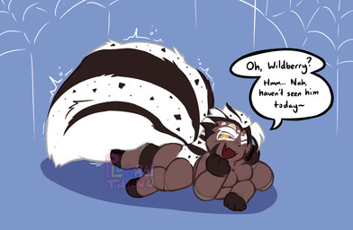 4_arms abdomen_vore after_vore ambiguous_gender anthro arthropod_abdomen big_abdomen blue_background blush breasts brown_body brown_fur cheek_markings deception dialogue facial_markings fangs fur haven't_seen_them head_markings looking_at_viewer lying markings motion_lines multi_arm multi_eye multi_limb on_front open_mouth simple_background smile solo speech_bubble spider_web striped_body striped_fur stripes teeth text unusual_vore vore white_body white_fur plurralluv cookie_run cookie_run_kingdom devsisters crunchy_chip_cookie arachnid araneomorph arthropod spider wolf_spider 2025 digital_media_(artwork) english_text hi_res