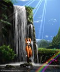 abs anthro breasts eyes_closed female fur hair light light_beam nipples rainbow solo sunbeam sunlight waterfall learfox canid canine fox mammal 1997 digital_media_(artwork)