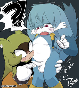 age_difference anthro backpack balls blue_body blue_eyes blush bodily_fluids bottomwear clothing dripping duo female foreskin genital_fluids genitals gloves green_body handwear humanoid_genitalia humanoid_penis long_foreskin loose_hair male male/female older_female pants penis precum precum_drip premature_ejaculation purple_eyes shirt shota small_penis text topwear touching_penis unretracted_foreskin young young_male younger_male charsuga05 idw_publishing sega sonic_the_hedgehog_(comics) sonic_the_hedgehog_(idw) sonic_the_hedgehog_(series) kitsunami_the_fennec surge_the_tenrec afrosoricid canid canine fennec_fox fox mammal tenrec true_fox hi_res japanese_text