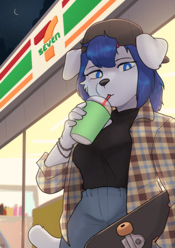 anthro backwards_baseball_cap backwards_hat baseball_cap black_clothing black_shirt black_topwear blue_bottomwear blue_clothing blue_eyes blue_hair blue_pants bottomwear bracelet breasts clothed clothed_anthro clothed_female clothing container convenience_store crescent_moon cup drinking_straw female female_anthro front_view fur hair hat headgear headwear holding_container holding_cup holding_object holding_skateboard jewelry moon night pants pattern_clothing pattern_shirt pattern_topwear plaid plaid_clothing plaid_shirt plaid_topwear shirt skateboard sky solo star tail topwear vehicle white_body white_ears white_fur white_sclera white_tail conditional_dnp sonokido 7-eleven greater_ventura_city elizabeth_swipes canid canine canis domestic_dog mammal 2022 absurd_res digital_media_(artwork) hi_res