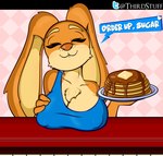 anthro breasts chest_tuft clothed clothing eyes_closed female food fur looking_at_viewer pancake shirt simple_background smile solo tank_top text topwear tuft thirdstuff maple_(thirdstuff) lagomorph leporid mammal rabbit absurd_res digital_drawing_(artwork) digital_media_(artwork) english_text hi_res