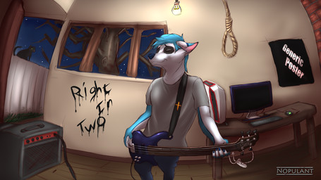 amp anthro bass_guitar blue_body blue_fur computer electronics fisheye_lens fur guitar light_bulb male musical_instrument noose plucked_string_instrument solo string_instrument tailless text white_body white_fur nopulant fotterwolf_(arthurtodd) domestic_cat felid feline felis mammal 16:9 hi_res widescreen