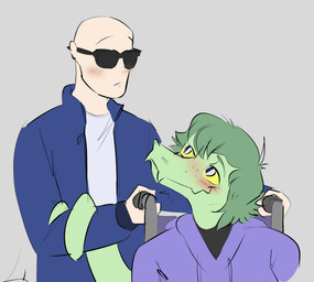 anthro bald blush clothing disability duo eyewear female freckles green_body green_hair green_scales grey_background grey_eyes hair hoodie jacket light-skinned_male light_body light_skin long_tail male male_human paraplegic scales short_hair simple_background sitting smile snout sunglasses tail tail_wrapped_around topwear vehicle wheelchair yellow_sclera unknown_artist cavemanon_studios i_wani_hug_that_gator inco_(iwhtg) olivia_halford baryonyx dinosaur human mammal prehistoric_species reptile scalie spinosaurid theropod 2024 digital_drawing_(artwork) digital_media_(artwork)