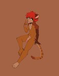 4_toes 5_fingers anthro blush brown_background brown_body brown_fur chest_tuft feet fingers fur genitals green_eyes hair humanoid_genitalia humanoid_hands humanoid_penis male navel open_mouth penis pubes red_hair simple_background sitting solo toes tuft kinsedlives kinsed_(kinsedlives) domestic_cat felid feline felis mammal hi_res