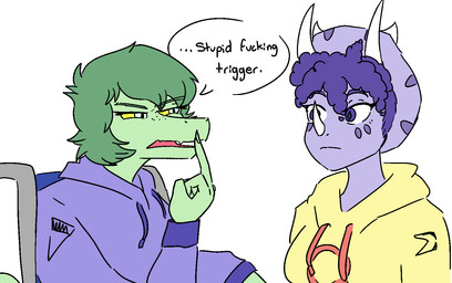 3_horns anthro biped claws clothing dialogue disability duo eyelashes facial_horn fantasy_slur female finger_claws freckled_face freckles frill_(anatomy) gesture green_body grey_eyes hair hand_gesture hoodie horn insult medium_hair middle_finger multi_horn nose_horn open_mouth paraplegic profanity purple_body purple_clothing purple_hair purple_hoodie purple_topwear racial_slur racism short_hair simple_background slur snout speciesism text topwear vehicle wheelchair white_background yellow_clothing yellow_hoodie yellow_sclera yellow_topwear jacket_ignites cavemanon_studios goodbye_volcano_high i_wani_hug_that_gator ko_op_(game_developer) snoot_game olivia_halford trish_(gvh) baryonyx ceratopsian ceratopsid chasmosaurine dinosaur marginocephalian ornithischian prehistoric_species reptile saurischian scalie spinosaurid theropod triceratops 2024 colored english_text