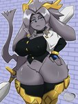 anthro antlers big_breasts big_ears blue_eyes bottomless breasts clothed clothing featureless_crotch female front_view fur grey_body grey_fur grey_hair hair hand_on_hip horn huge_hips legwear long_ears narrowed_eyes nipple_outline solo standing thick_thighs thigh_highs topwear wide_hips jyto pseudoregalia sybil_(pseudoregalia) bovid caprine goat hybrid jackalope lagomorph mammal 2024 3:4 hi_res