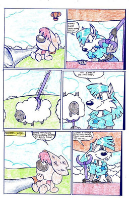 anthro blue_clothing blue_hair blue_shirt blue_topwear clothing duo female gun hair male outside ranged_weapon shirt speech_bubble text topwear weapon virus-20 wendy_wolf_(virus-20) bovid canid canine canis caprine domestic_dog mammal sheep wolf 2008 comic