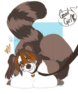 anthro ass_up big_breasts big_butt breasts butt collar curvy_figure female heart_symbol huge_breasts huge_butt leash looking_at_viewer smile solo text thick_thighs voluptuous redpixie horsie mammal procyonid raccoon english_text hi_res