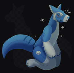 abstract_background ambiguous_anthro ambiguous_gender anthro blue_body blue_eyes blue_nose blue_tail feet handpaw hindpaw inflatable kneeling paws solo star tail spinelessfill3t animate_inanimate living_inflatable living_pool_toy full-length_portrait hi_res portrait