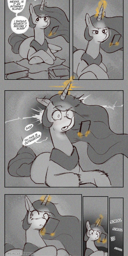 animal_ears bodily_fluids cellphone dialogue electronics eyelashes female feral hair horn long_hair lying monotone_body phone pupils quadruped simple_background solo sweat tail telekinesis text thick_thighs thought_bubble sincastermon friendship_is_magic hasbro my_little_pony mythology princess_celestia_(mlp) equid equine mammal mythological_creature mythological_equine unicorn comic english_text hi_res monochrome