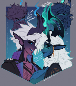 black_sclera blue_blush blue_eyes blush breasts cleavage clothed clothing duo ear_piercing eyebrows female hair horn long_ears male piercing spikes white_eyebrows white_hair wmdiscovery93 azure_(wmdiscovery93) demon enoki_(helixel) humanoid hi_res