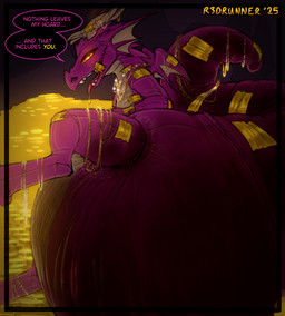 ambiguous_gender big_diaper big_tail bodily_fluids diaper dragons_hoard drooling feces gem gold_(metal) gold_jewelry horn huge_diaper hyper_diaper jewelry looking_at_viewer pearl_(gem) purple_body raised_leg saliva smile soiled_diaper soiling solo tail teasing text tongue tongue_out unclean_diaper used_diaper wings yellow_eyes r3drunner mythology animate_inanimate diaper_creature dragon mythological_creature mythological_scalie scalie english_text