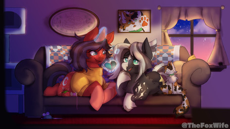 blue_eyes carpet couple_portrait duo female female/female feral fur furniture grey_body grey_fur hair horn magic red_body red_fur seam_(sewing) sofa stitch_(sewing) white_hair window thefoxwife mythology calico_cat domestic_cat equid equine felid feline felis horse mammal mythological_creature mythological_equine pony unicorn 16:9 hi_res widescreen