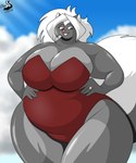 anthro breasts clothing cloud digit_ring female finger_ring huge_thighs hyper jewelry one-piece_swimsuit overweight overweight_anthro overweight_female sky solo swimwear thick_thighs wide_hips chrisandcompany kelsey_sienna mammal mephitid skunk hi_res