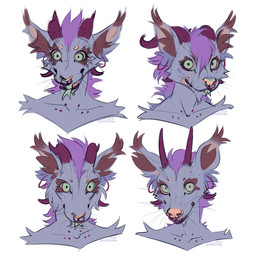 ambiguous_gender anthro cheek_tuft facial_piercing facial_tuft forked_tongue front_view fur green_eyes green_tongue grey_body grey_fur hair horn mouth_closed nose_piercing nose_ring open_mouth piercing purple_hair purple_horn ring_piercing septum_piercing septum_ring solo tongue tongue_out tuft lostgoose mammal species_request 1:1 2024 bust_portrait dated multiple_images portrait signature female_(lore)