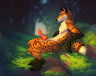 animal_genitalia animal_penis anthro balls black_claws black_nose blue_eyes bodily_fluids canine_genitalia canine_penis claws dipstick_tail fur genital_fluids genitals knot knotted_penis male markings orange_body orange_fur orange_tail penis precum solo tail tail_markings white_balls white_tail_tip kinsheph canid canine felid fox hybrid leopard mammal pantherine hi_res