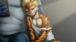 anthro athletic black_stripes clothed clothing countershading digital_media_(artwork) duo dyson_(eldiman) eldiman felid green_clothing hair male mammal multicolored_body off_shoulder orange_body pantherine pecs pink_nose shirt sleeping striped_body stripes tank_top tiger topwear young young_anthro young_male