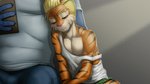 anthro athletic black_stripes clothed clothing countershading duo green_clothing hair male multicolored_body off_shoulder orange_body pecs pink_nose shirt sleeping striped_body stripes tank_top topwear young young_anthro young_male eldiman dyson_(eldiman) felid mammal pantherine tiger digital_media_(artwork)