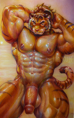 abs anthro areola balls barazoku beach beard biceps big_balls big_muscles big_pecs big_penis biped brown_hair claws closed_smile countershade_arms countershade_fur countershade_legs countershade_torso countershading eyebrows facial_hair fangs finger_claws fingers front_view fur genitals glans glistening glistening_body hair haircut hands_behind_head huge_muscles humanoid_genitalia humanoid_hands humanoid_penis inner_ear_fluff latissimus_dorsi looking_at_viewer male male_anthro markings mouth_closed multicolored_body multicolored_fur muscular muscular_anthro muscular_arms muscular_male muscular_thighs narrowed_eyes navel nipple_piercing nipple_ring nipples nude nude_anthro nude_male orange_body orange_fur outdoor_nudity outside pecs penis piercing pink_areola pink_glans pink_nipples pink_nose pink_penis ponytail quads ring_piercing sky smile smiling_at_viewer solo standing striped_body striped_fur striped_markings striped_tail stripes sun tail tail_markings teeth text triceps tuft whisker_spots white_body white_fur white_inner_ear_fluff mrkun felid mammal pantherine tiger artist_name colored_pencil_(artwork) hi_res painting_(artwork) portrait signature three-quarter_portrait traditional_media_(artwork) watercolor_(artwork) watermark