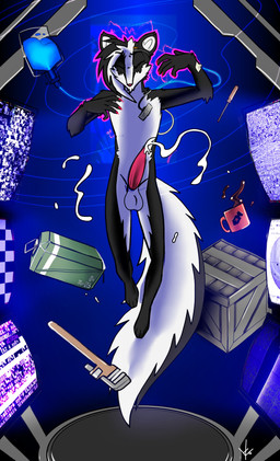 anthro beverage big_tail bodily_fluids box claws coffee coffee_mug colored_nails container crate cum electronics excessive_cum excessive_genital_fluids genital_fluids genitals headgear headgear_only iv_bag male monitor nails orgasm outline penis pink_penis psionics screen screwdriver solo static tail tapering_penis telekinesis tools wrench topazknight jeremy_(topazknight) mammal mephitid skunk absurd_res colored hi_res shaded