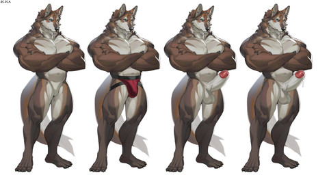 anthro balls big_penis bodily_fluids brown_body brown_fur clothed clothing crossed_arms fluffy fluffy_tail fur genital_fluids genitals humanoid_genitalia humanoid_penis jockstrap jockstrap_only male multicolored_body multicolored_fur muscular muscular_anthro muscular_male nipples nude_anthro nude_male penis precum solo standing tail topless two_tone_body two_tone_fur underwear underwear_only white_body white_fur cxcxxcxxxx canid canine canis mammal wolf 2026 absurd_res hi_res
