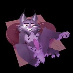 anthro bedroom_eyes claws ear_tuft lying male narrowed_eyes nipples on_back pillow seductive simple_background solo tuft whiskers pusszone pawbert_lynxley felid feline lynx mammal 1:1 hi_res
