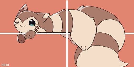 ambiguous_gender big_tail blush blush_lines brown_body brown_fur ears_back facial_markings feral four_frame_grid fur head_markings kemono looking_at_viewer lying markings multicolored_body multicolored_fur on_front one_ear_up one_eye_closed orange_background outside_panel paws pivoted_ears simple_background solo tail tan_body tan_fur text tuft ke_mo_suke nintendo pokemon furret generation_2_pokemon pokemon_(species) 2026 2:1 artist_name digital_media_(artwork) hi_res shaded simple_shading