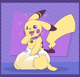 3_fingers 3_toes anthro bell bell_collar big_diaper blue_border blush blush_lines bodily_fluids border bubble clothed clothing collar diaper dipstick_ears dotted_background drooling ear_markings fangs feet finger_in_mouth fingers genital_fluids hand_on_diaper huge_diaper hypnosis kneeling male markings mind_control multicolored_body multicolored_ears open_mouth open_smile pattern_background purple_background purple_body purple_collar purple_ear_tips purple_ears purple_nose purple_tail ringed_ears saliva simple_background smile solo spiral spiral_eyes tail teeth three-quarter_view toes touching_diaper two_tone_body two_tone_ears two_tone_tail unclean_diaper urine used_diaper wearing_diaper wet_diaper yellow_body yellow_ears yellow_tail bubblepuppers nintendo pokemon plum_(cinnamonbeehive) generation_1_pokemon pikachu pokemon_(species) absurd_res full-length_portrait hi_res portrait