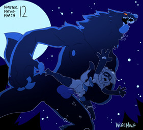 abdominal_bulge anthro balls big_balls big_penis bodily_fluids claws deep_penetration duo female fleshlight_position forest from_behind_position fucked_silly genital_fluids genitals glowing glowing_eyes low-angle_view male male/female moon muscular muscular_male night penetration penis plant questionable_consent sex size_difference spread_legs spreading tongue tongue_out tree vaginal vaginal_fluids metal_(artist) mythology kelly_(wanderingferret) black-footed_ferret canid canine domestic_ferret mammal mustelid musteline mythological_canine mythological_creature true_musteline weasel werecanid werecanine werecreature werewolf 2026 hi_res